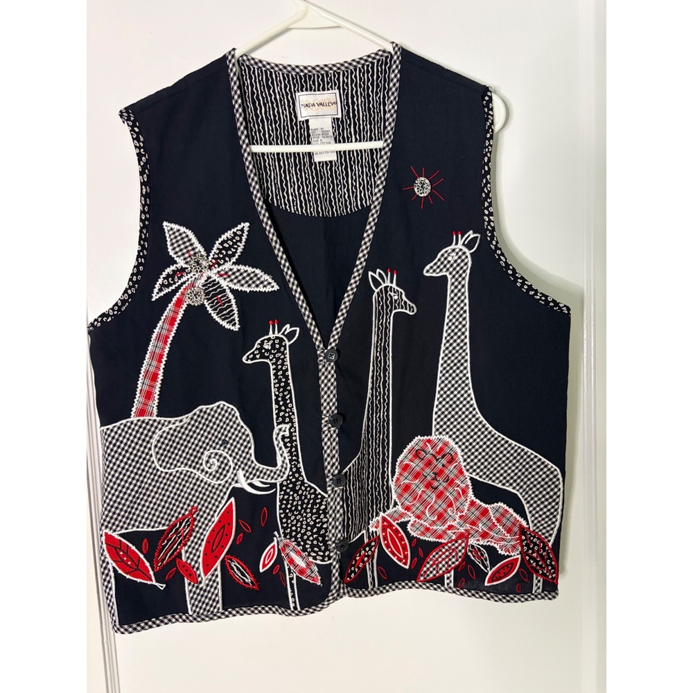 Napa Valley Vintage Safari Animal Embroidered Vest Black Red Gingham Giraffe L
